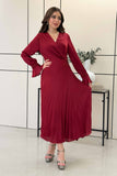 Burgundy pleated satin midi dress 