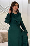 Green pleated satin midi dress 