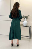 Green pleated satin midi dress 