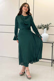 Green pleated satin midi dress 