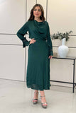 Green pleated satin midi dress 