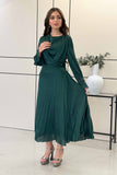 Green pleated satin midi dress 