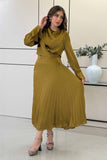 Dark yellow pleated satin midi dress 