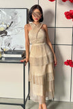 Beige Layered Pleated Maxi Dress 