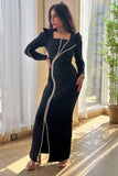 Black Crystal Embellished Square Neck Long Dress 