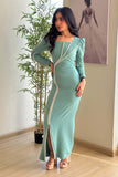 Light Blue Square Neck Crystal Embellished Long Dress 