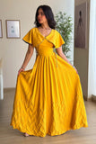 Yellow Pleated Maxi Dress with Side Tie 