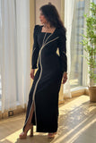 Black Crystal Embellished Square Neck Long Dress 