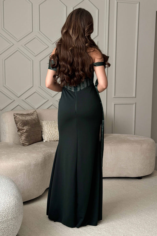 Long green corset dress with bow 