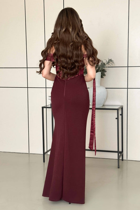 Burgundy long corset dress with bow 