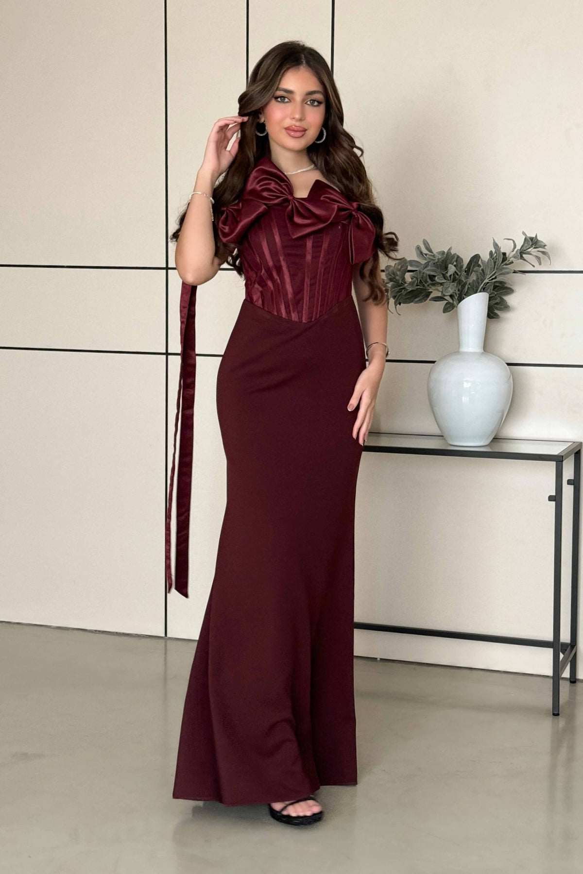 Burgundy long corset dress with bow 