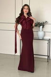 Burgundy long corset dress with bow 