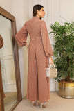 Shiny stretch evening jumpsuit with attached belt 