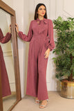 Shiny stretch evening jumpsuit with attached belt 