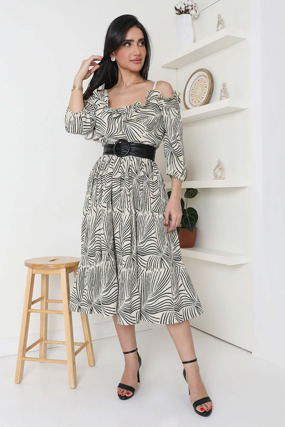 Off shoulder striped dress with black belt