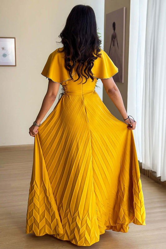 Yellow Pleated Maxi Dress with Side Tie 