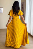 Yellow Pleated Maxi Dress with Side Tie 