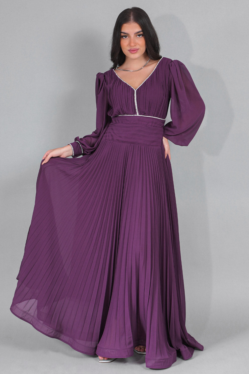 Purple Chiffon Pleated Dress with Crystal Ribbon