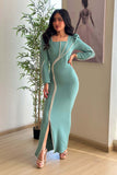 Light Blue Square Neck Crystal Embellished Long Dress 