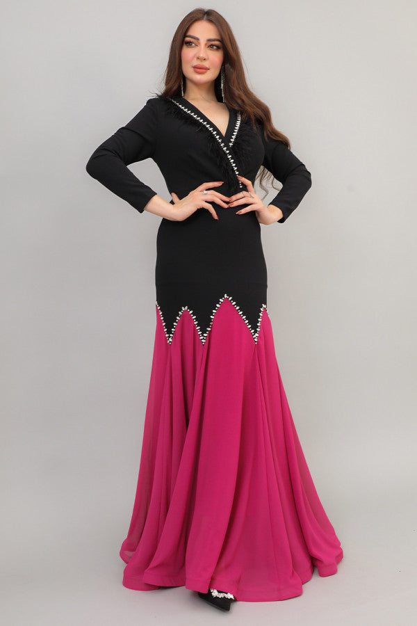 Two-tone sugar evening dress embroidered with fuchsia crystals