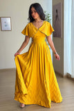 Yellow Pleated Maxi Dress with Side Tie 