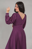 Purple Chiffon Pleated Dress with Crystal Ribbon