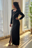 Black Crystal Embellished Square Neck Long Dress 