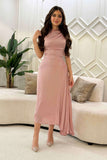 Pink pleated satin midi dress 