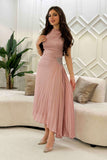 Pink pleated satin midi dress 