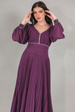 Purple Chiffon Pleated Dress with Crystal Ribbon