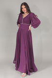 Purple Chiffon Pleated Dress with Crystal Ribbon