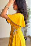 Yellow Pleated Maxi Dress with Side Tie 