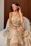 Beige Layered Pleated Maxi Dress 