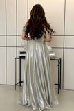 Off Shoulder Metallic Silver Maxi Dress 