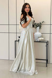 Off Shoulder Metallic Silver Maxi Dress 