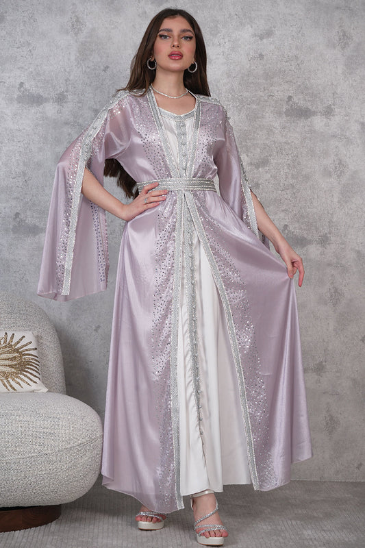 Purple Embellished Cape Sleeve Kaftan 