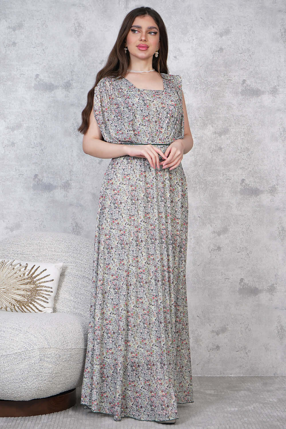 Green Square Neck Floral Long Dress 