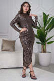 Brown Draped Pleated Shiny Midi Dress with Front Slit 