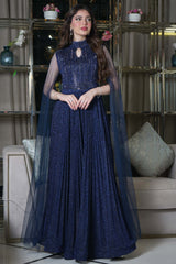 Navy Blue Tulle Cape Sleeve Beaded Evening Dress 