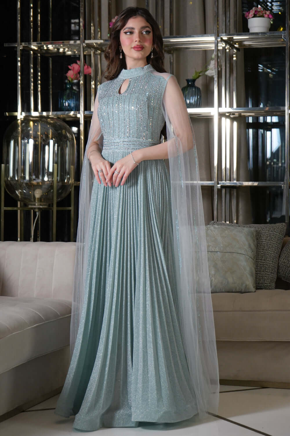 Tiffany Color Tulle Cape Sleeve Beaded Evening Dress 