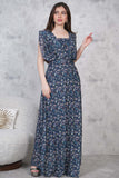 Navy blue square neck floral maxi dress 