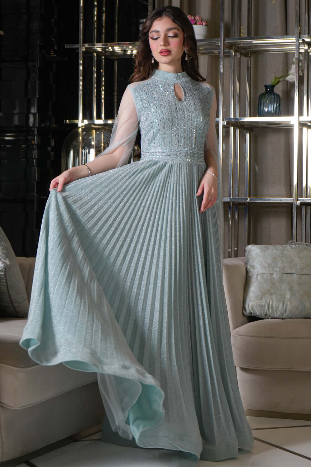 Tiffany Color Tulle Cape Sleeve Beaded Evening Dress 