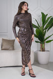 Brown Draped Pleated Shiny Midi Dress with Front Slit 