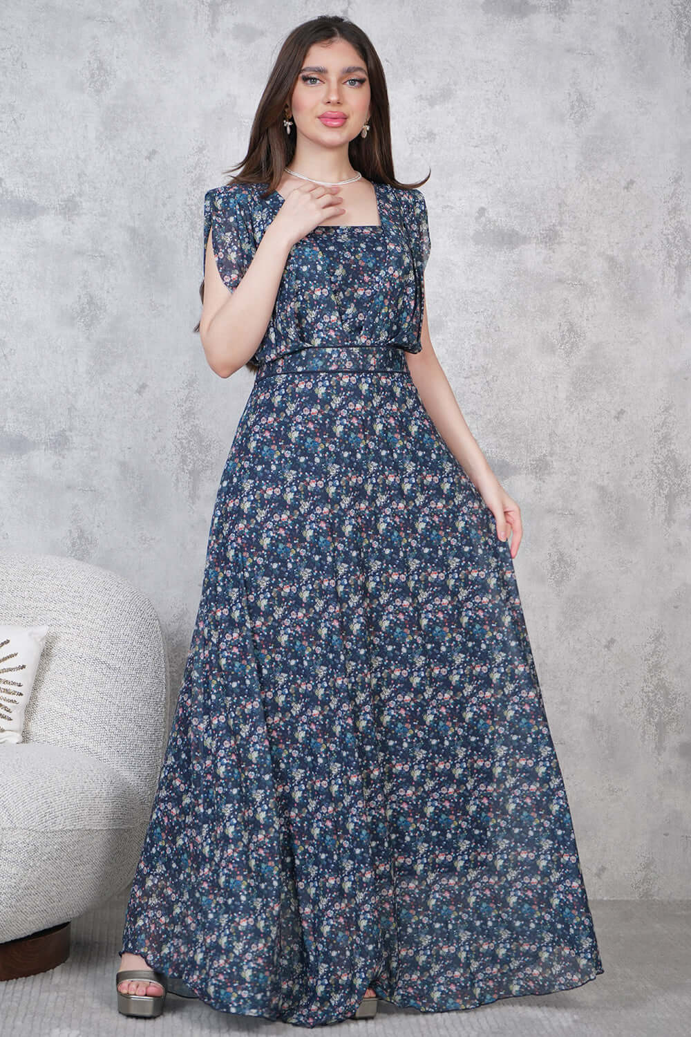 Navy blue square neck floral maxi dress 