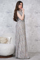 Green Square Neck Floral Long Dress 