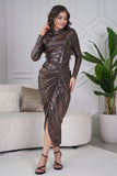 Brown Draped Pleated Shiny Midi Dress with Front Slit 