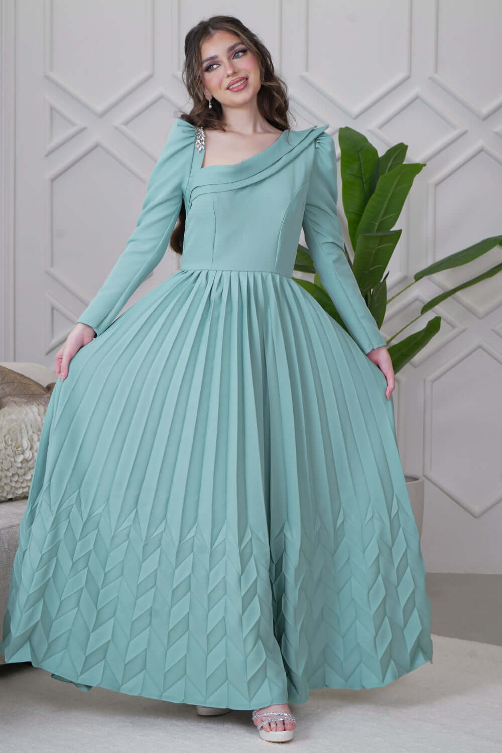 Tiffany Crystal Pleated Maxi Dress 