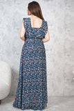 Navy blue square neck floral maxi dress 