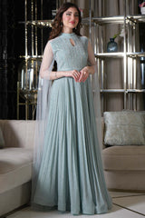 Tiffany Color Tulle Cape Sleeve Beaded Evening Dress 