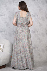 Green Square Neck Floral Long Dress 